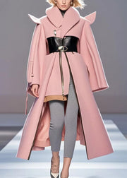 Chic Pink Asymmetrical Patchwork Woolen Coat Outwear Fall