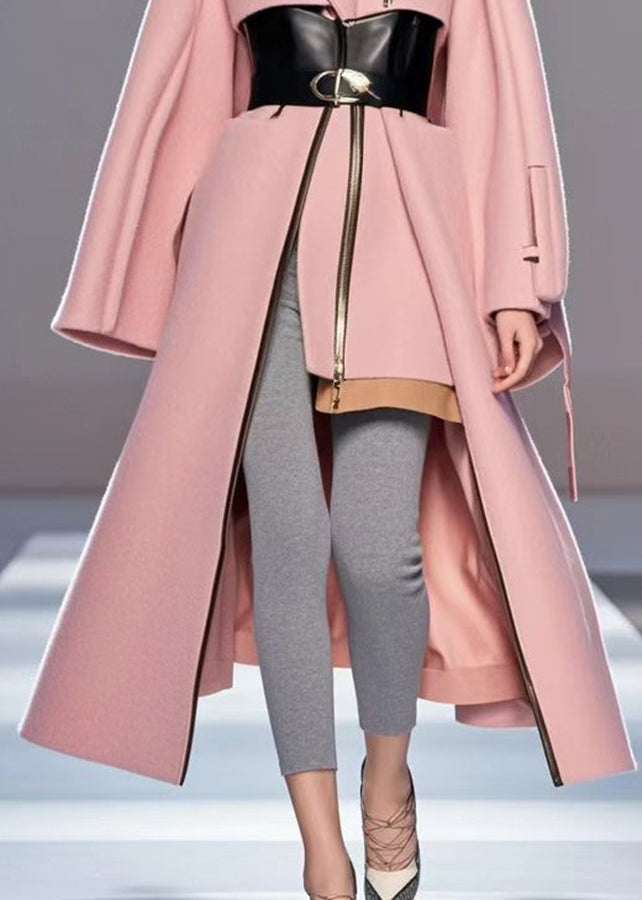 Chic Pink Asymmetrical Patchwork Woolen Coat Outwear Fall