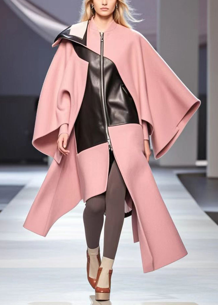 Chic Pink Asymmetrical Patchwork Woolen Loose Coat Fall