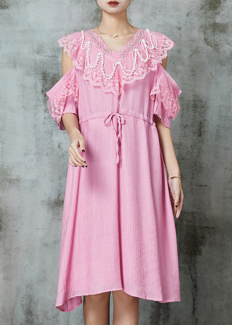 Chic Pink Cold Shoulder Patchwork Chiffon Holiday Dress Summer