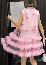 Chic Pink Denim Waistcoat Patchwork Tulle Mid Dresses Sleeveless