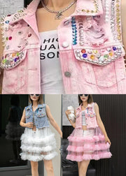 Chic Pink Denim Waistcoat Patchwork Tulle Mid Dresses Sleeveless