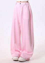 Chic Pink Elastic Waist Cotton Straight Pants Spring