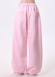 Chic Pink Elastic Waist Cotton Straight Pants Spring