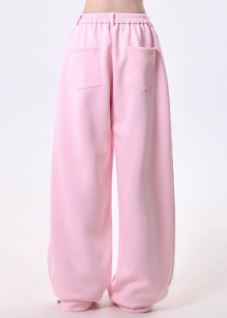 Chic Pink Elastic Waist Cotton Straight Pants Spring