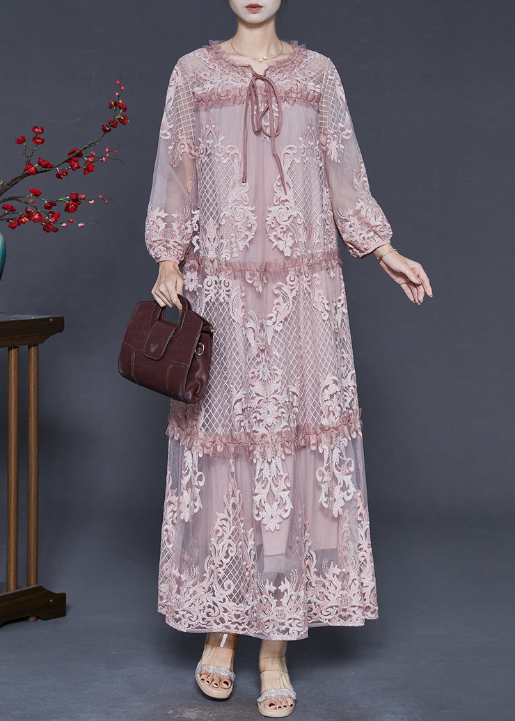 Chic Pink Embroidered Patchwork Tulle Long Dresses Spring