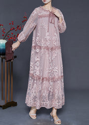 Chic Pink Embroidered Patchwork Tulle Long Dresses Spring