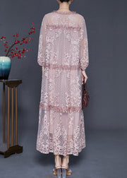 Chic Pink Embroidered Patchwork Tulle Long Dresses Spring