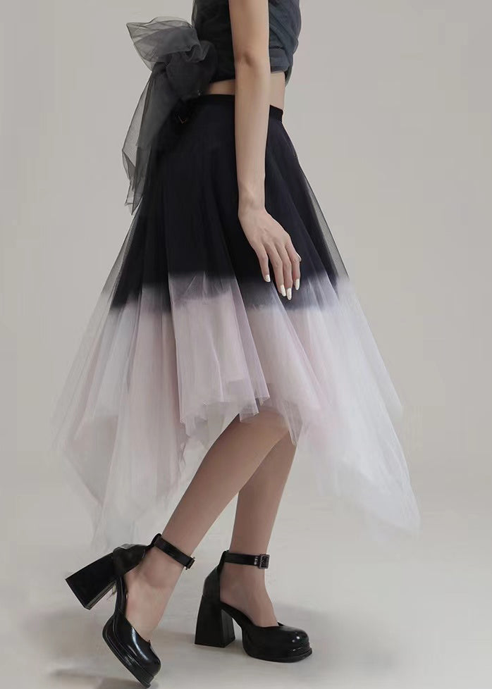 Chic Pink Gradient Color Asymmetrical High Waist Tulle Skirt Summer