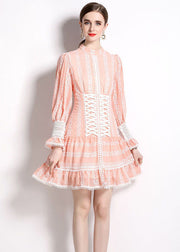 Chic Pink Hollow Out Embroideried Patchwork Chiffon Mid Dress Puff Sleeve