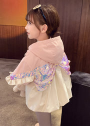 Chic Pink Hooded Sequins Ruffled Cotton Girls Coat Fall