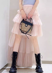 Chic Pink Low High Design High Waist Tulle Skirts Spring