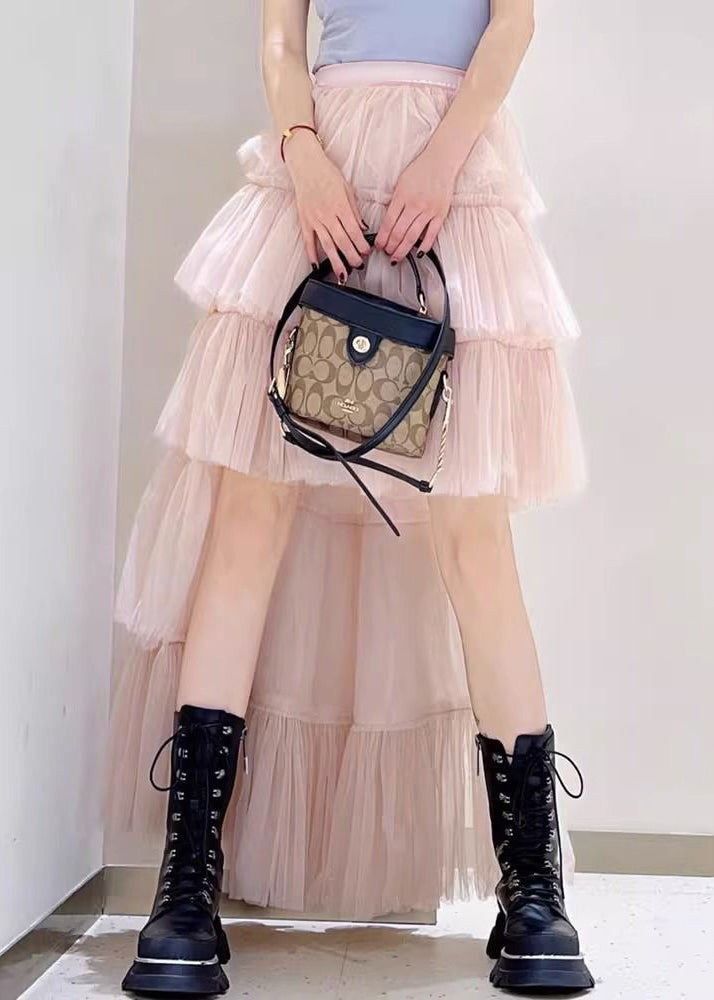 Chic Pink Low High Design High Waist Tulle Skirts Spring