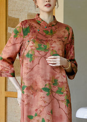 Chic Pink Mandarin Collar Button Print Silk Cheongsam Dress Bracelet Sleeve