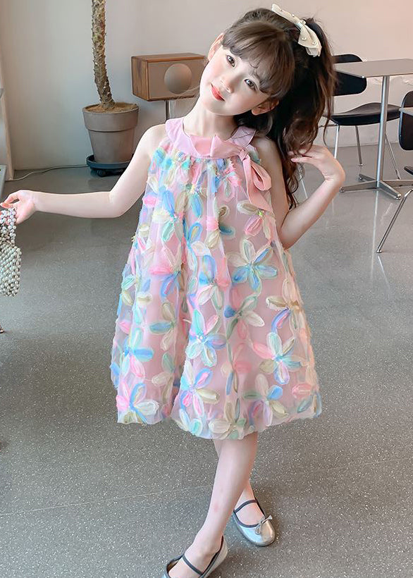 Chic Pink O-Neck Bow Tulle Kids Girls Dress Sleeveless