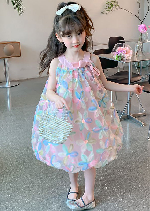 Chic Pink O-Neck Bow Tulle Kids Girls Dress Sleeveless