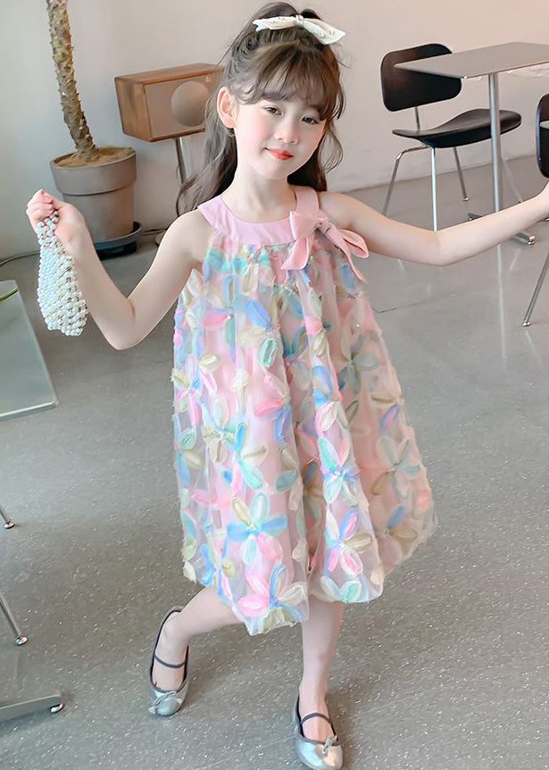 Chic Pink O-Neck Bow Tulle Kids Girls Dress Sleeveless