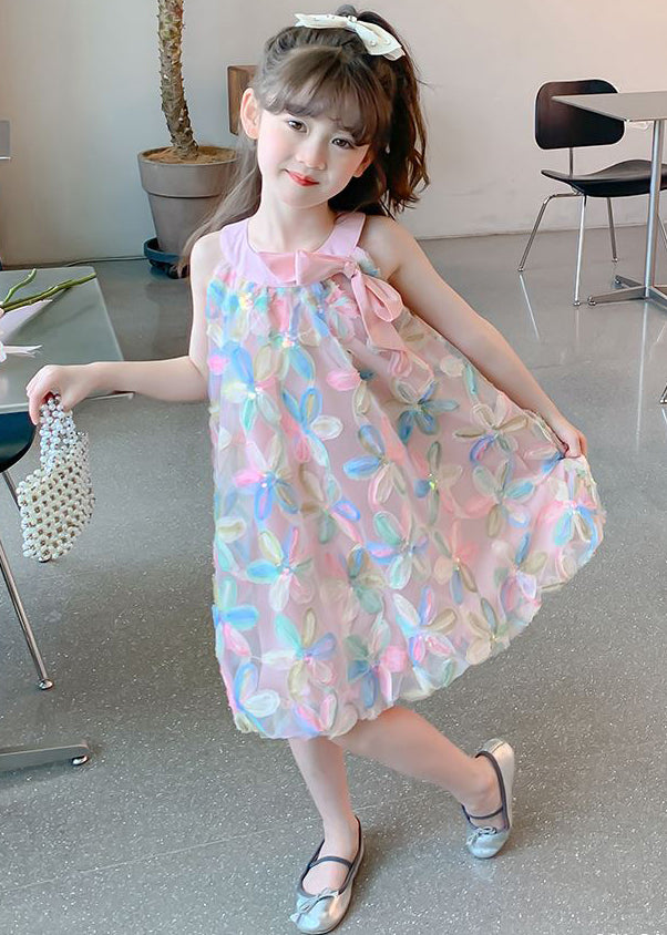 Chic Pink O-Neck Bow Tulle Kids Girls Dress Sleeveless