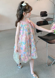 Chic Pink O-Neck Bow Tulle Kids Girls Dress Sleeveless