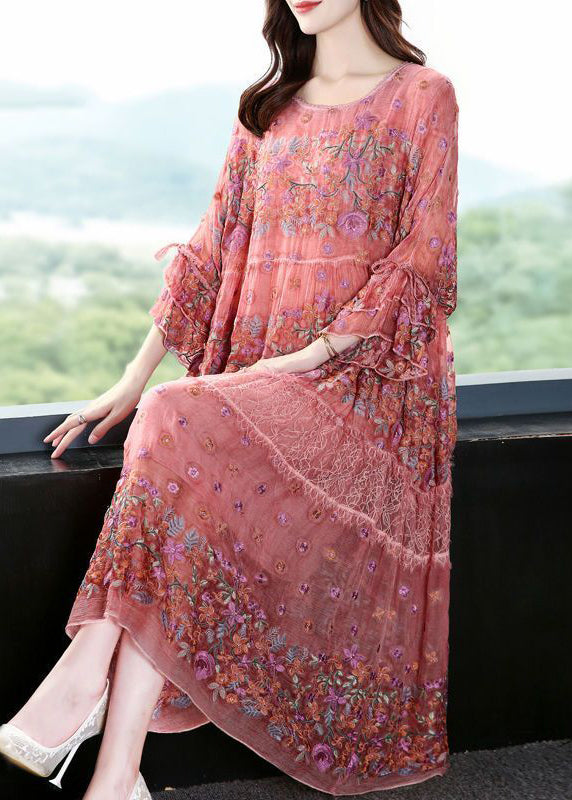 Chic Pink O-Neck Oversized Embroideried Silk Dresses Flare Sleeve