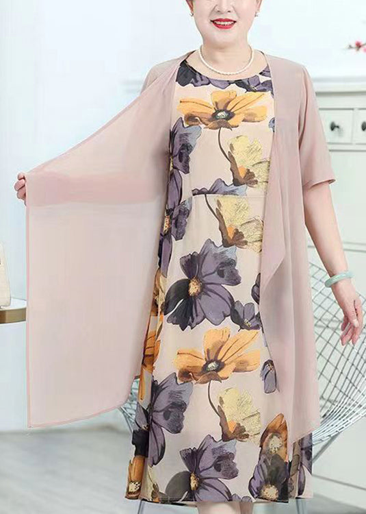 Chic Pink O-Neck Print Patchwork Chiffon Two Piece Suit Summer