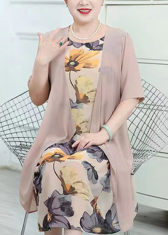 Chic Pink O-Neck Print Patchwork Chiffon Two Piece Suit Summer