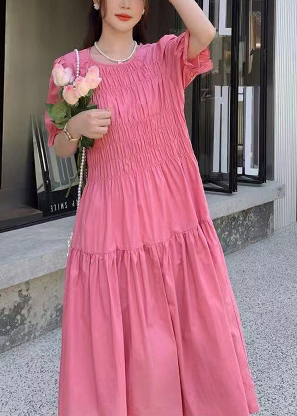 Chic Pink O Neck Puff Sleeve Wrinkled Patchwork Cotton Long Dress