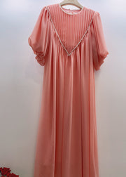 Chic Pink O-Neck Wrinkled Nail Bead Long Traveling Dresses Spring