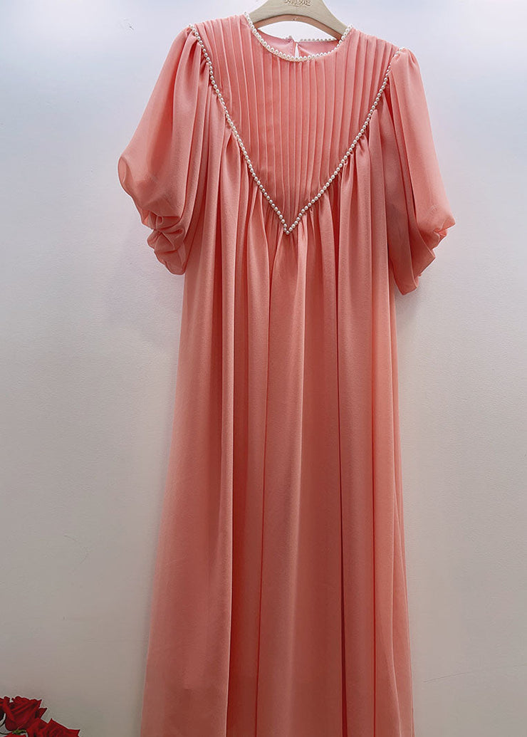 Chic Pink O-Neck Wrinkled Nail Bead Long Traveling Dresses Spring