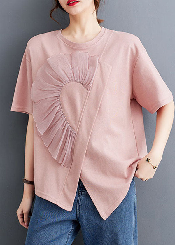 Chic Pink O Neck Wrinkled Patchwork Cotton T Shirt Top Summer