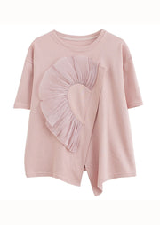 Chic Pink O Neck Wrinkled Patchwork Cotton T Shirt Top Summer