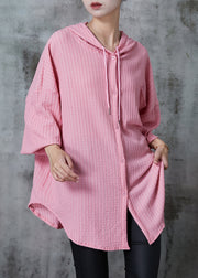 Chic Pink Oversized Striped Cotton Blouses Summer