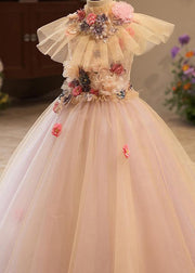 Chic Pink Patchwork Floral Tulle Kids Vacation Maxi Dresses Summer