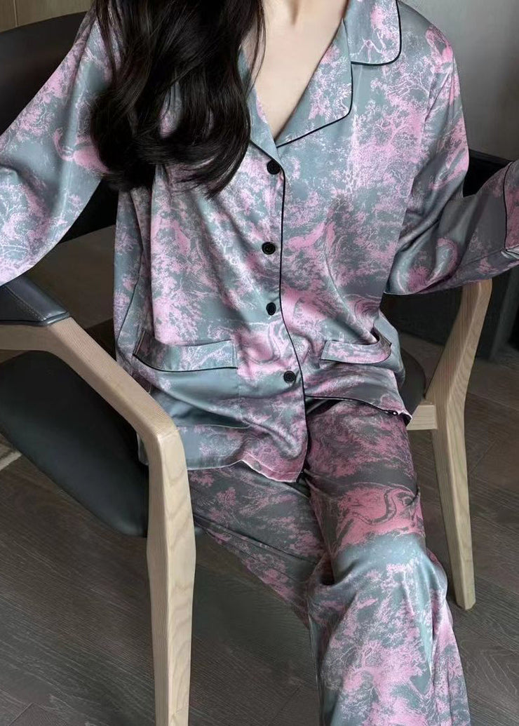 Chic Pink Peter Pan Collar Button Ice Silk Pajamas Two Piece Set Spring