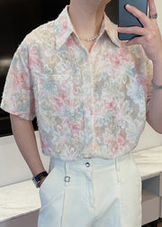 Chic Pink Peter Pan Collar Button Pockets Cotton Men Shirts Summer