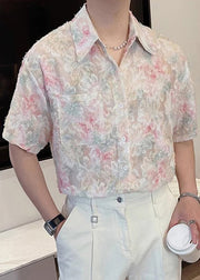 Chic Pink Peter Pan Collar Button Pockets Cotton Men Shirts Summer