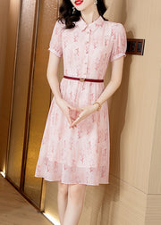 Chic Pink Peter Pan Collar Print Chiffon Shirts Dress Short Sleeve