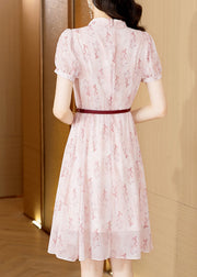 Chic Pink Peter Pan Collar Print Chiffon Shirts Dress Short Sleeve