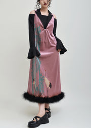 Chic Pink Print False Two Pieces Patchwork Silk Velvet Dress Spring