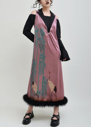 Chic Pink Print False Two Pieces Patchwork Silk Velvet Dress Spring