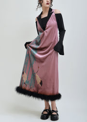 Chic Pink Print False Two Pieces Patchwork Silk Velvet Dress Spring