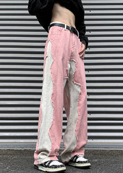 Chic Pink Rough Edge Patchwork Denim Men Pants Fall