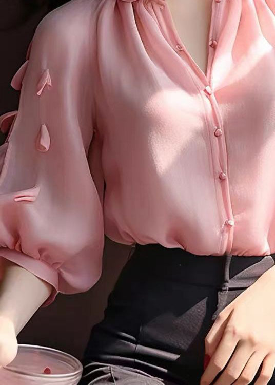 Chic Pink Ruffled Button Chiffon Shirt Bracelet Sleeve
