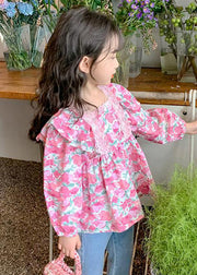Chic Pink Ruffled Button Print Cotton Girls Shirt Long Sleeve
