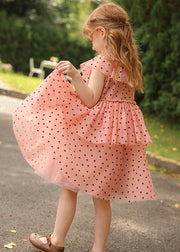 Chic Pink Ruffled Dot Tulle Girls Dress Summer