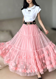 Chic Pink Ruffled Floral Tulle Skirts Spring