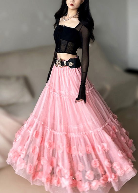 Chic Pink Ruffled Floral Tulle Skirts Spring