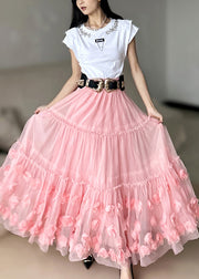 Chic Pink Ruffled Floral Tulle Skirts Spring