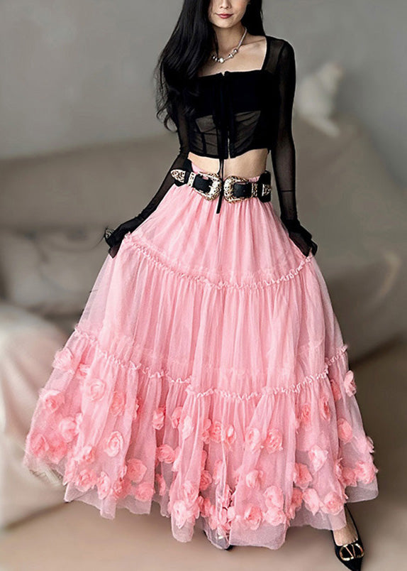 Chic Pink Ruffled Floral Tulle Skirts Spring