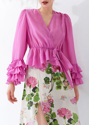 Chic Pink Ruffled Lace Up Cotton Shirt Long Sleeve